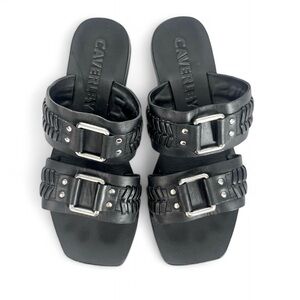 Caverley Tabby Black Leather Square Toe Silver Buckle Woven Slide Sandal 6